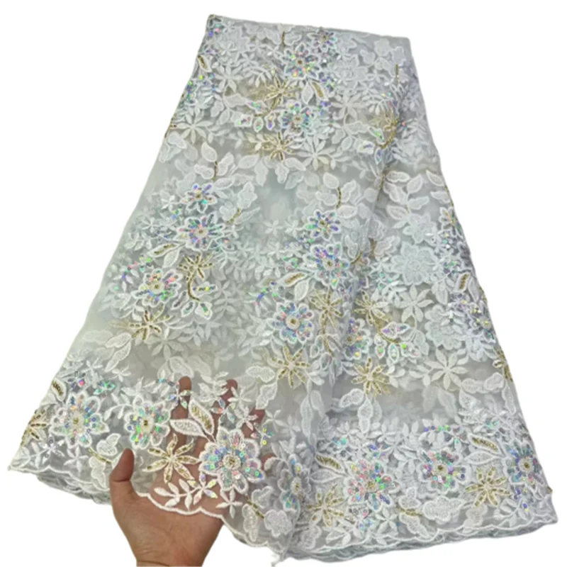 

2022 Latest Nigerian Lace Fabrics Fashion Women African Tull Lace Luxury Handmade Beads Sequins Fabrics For Wedding 5Yards