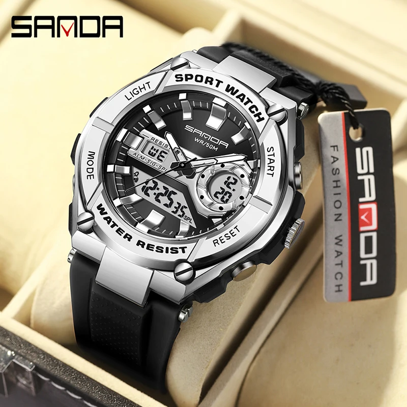 

SANDA Top Luxury Brand Men's Watch Outdoor Sports Waterproof Watches Dual Display Quartz Rubber Digital Clock Relogio Masculino