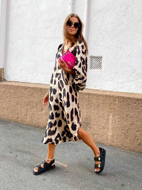 Spring Summer Lanter Sleeve V Neck Leopard Print Loose Long Dress
