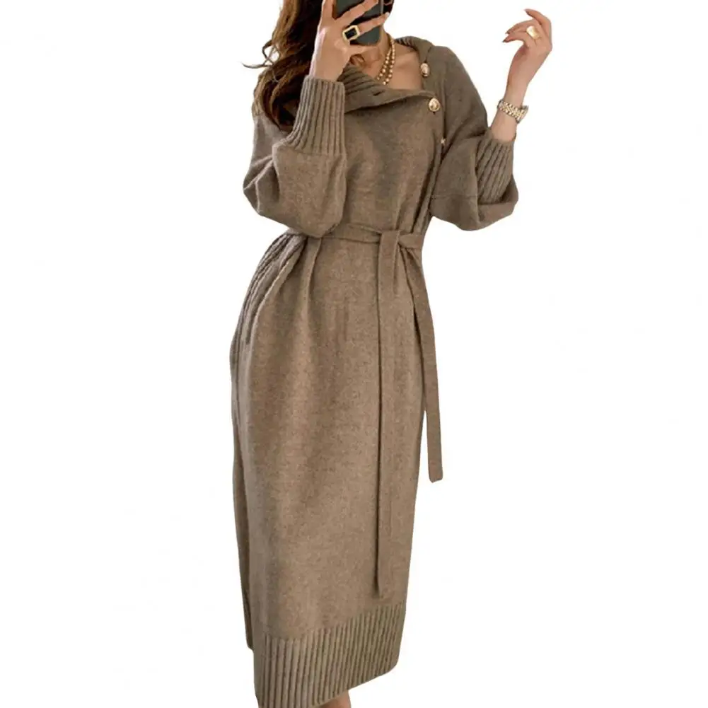 أزرار الياقة المدورة خمر كم طويل فساتين طويلة الشت...