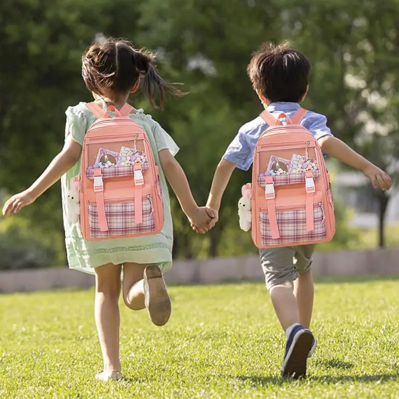 여아용 귀여운 배낭 세트, 학교 가방 세트, 토끼 펜던트, 책, 펜, 간식 장난감, 물