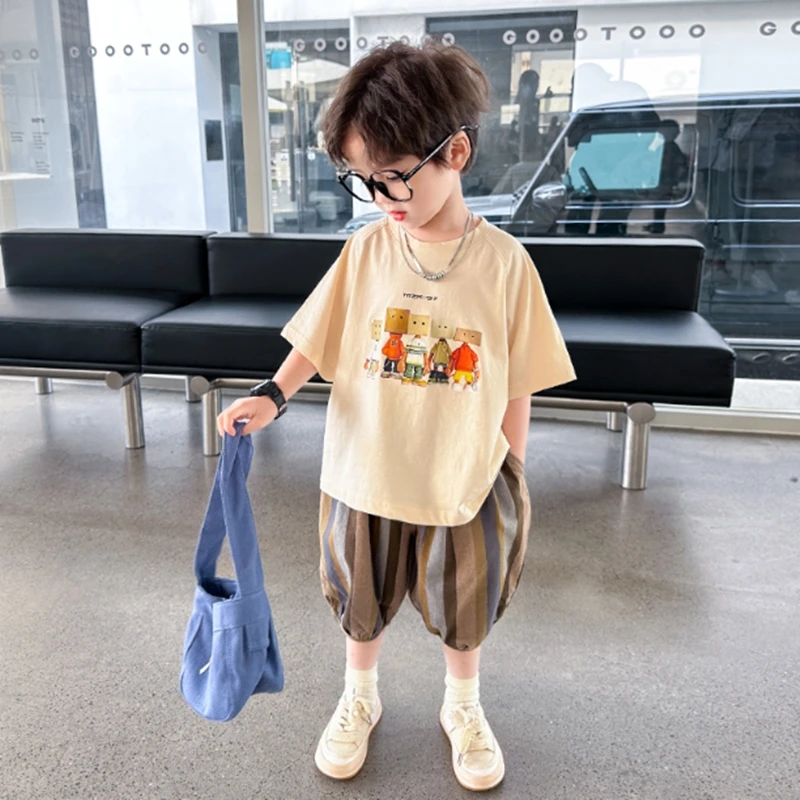 Boys Pure Cotton Summer Set Loose Short Sleeved Children's Clothing T-shirt+7-point Shorts New Baby Boy Thin Two-piece Set