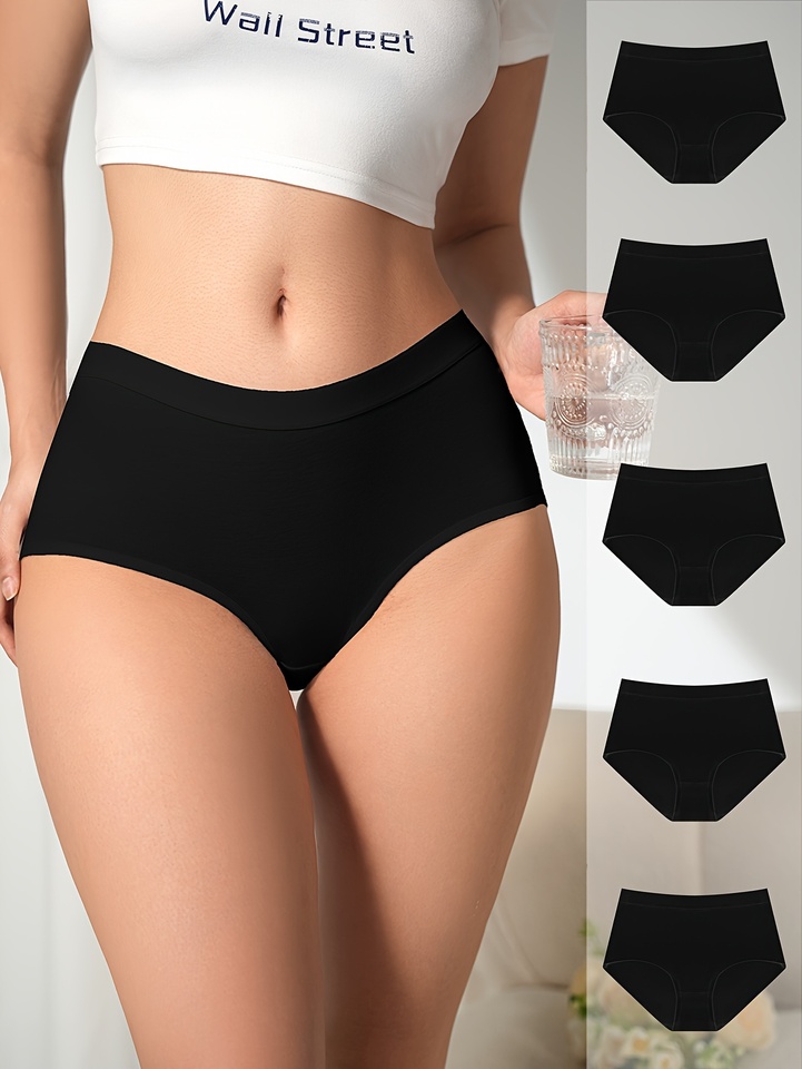 5-piece set of high-quality black pure cotton soft and skin-friendly women's high-waisted triangle pants and seamless underwear