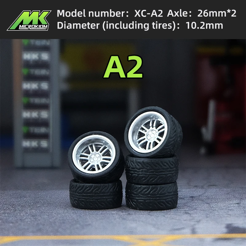 Microkiom 1/64 Car Model Modified Wheel with Metal Shaft Injection Molded Hub Rubber Tires Hotwheels Parts
