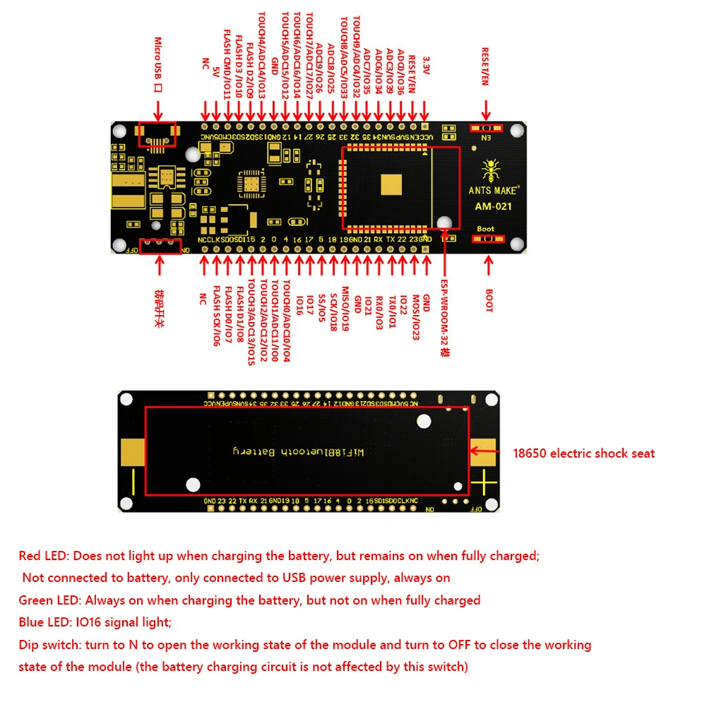 18650 배터리 박스가 포함된 ESP32 WROVER 개발 보드 스마트 홈 제어용 WiFi 블루투스 호환 개발 보드
