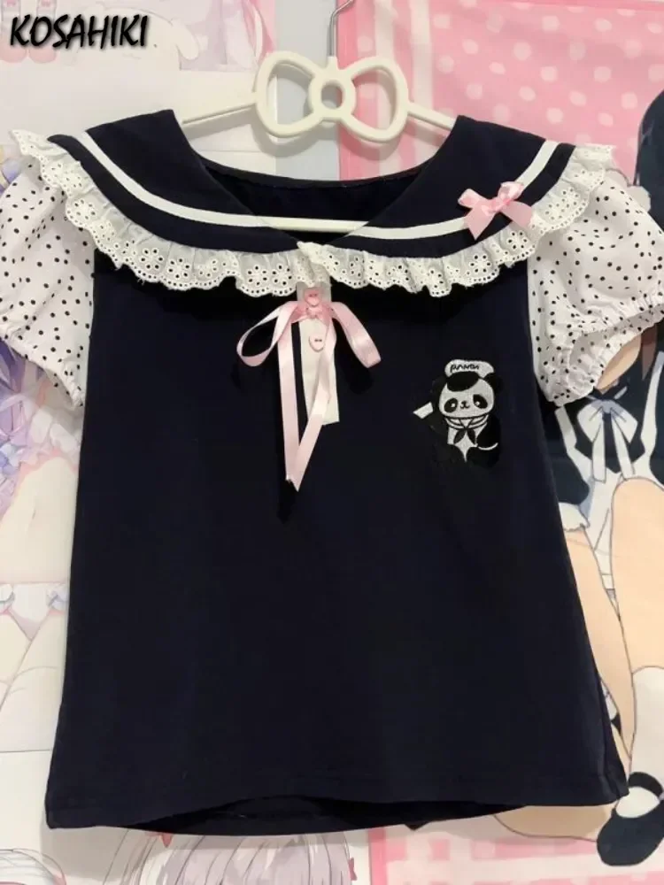 Japanese Y2k Lace T-shirt Women Kawaii Cartoon Embroidery Graphic T Shirts Harajuku Fashion Casual Bow Tops Cute Tees Camisetas 2