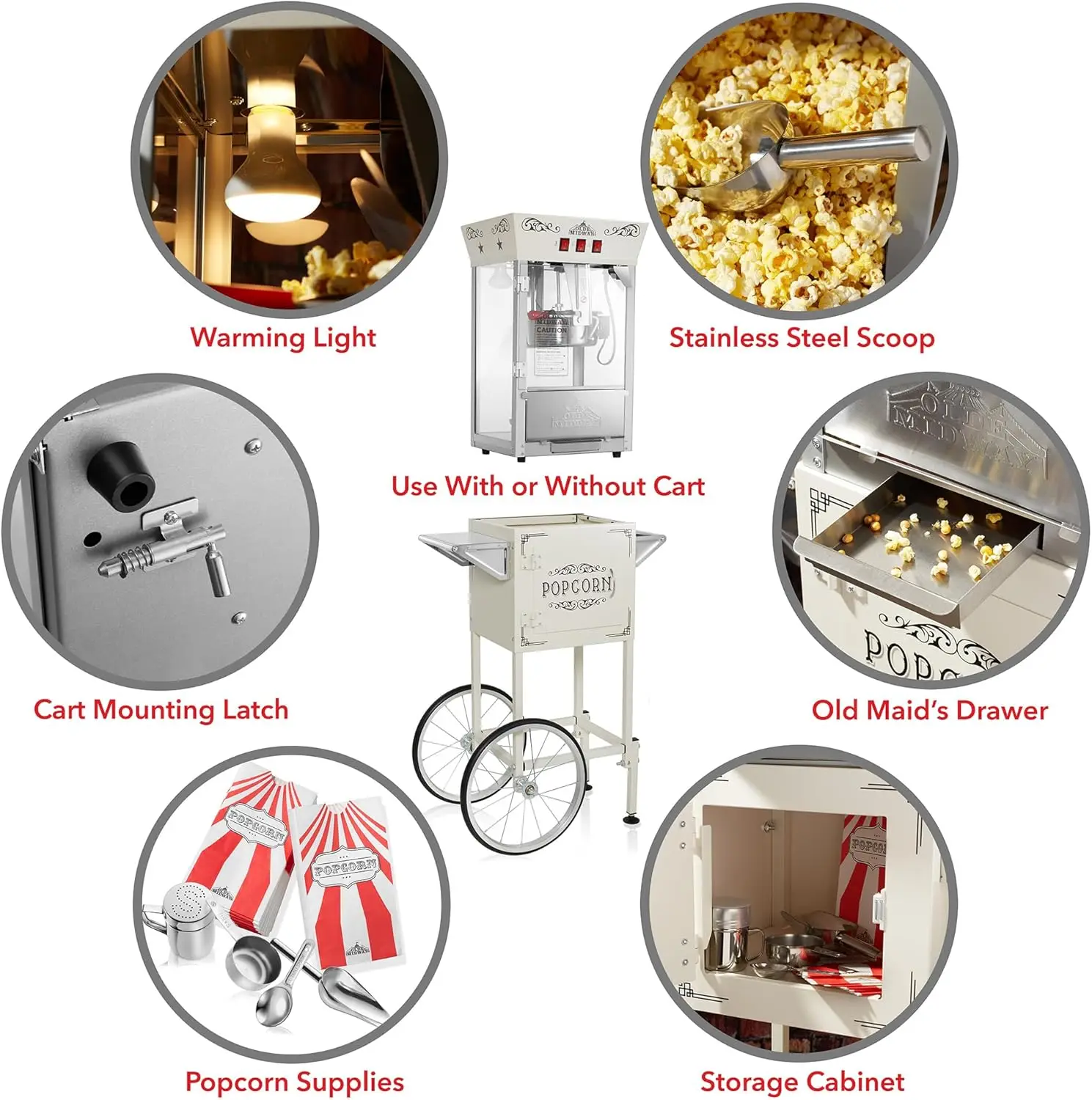 Midway Movie Theater-Style Popcorn Machine Maker with Cart and 10-Ounce Kettle - Cream, Vintage-Style Popper on Wheels 6