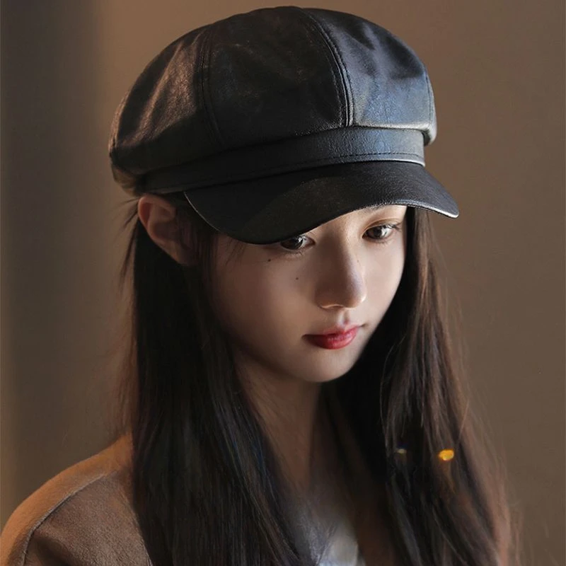 

Female Duck Tongue Octagonal PU Leather Black Beret Hat Painter Newsboy Military Sailor Cap For Women New Fashion British