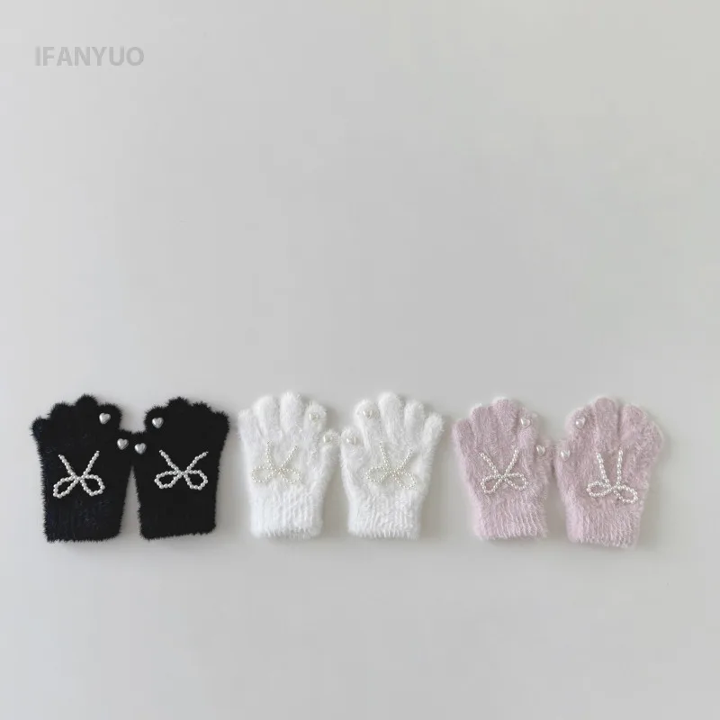 Children Gloves 3-8Years Autumn Winter Windproof Warm Knitted Plush Cartoon Pearl Bow Girls Love