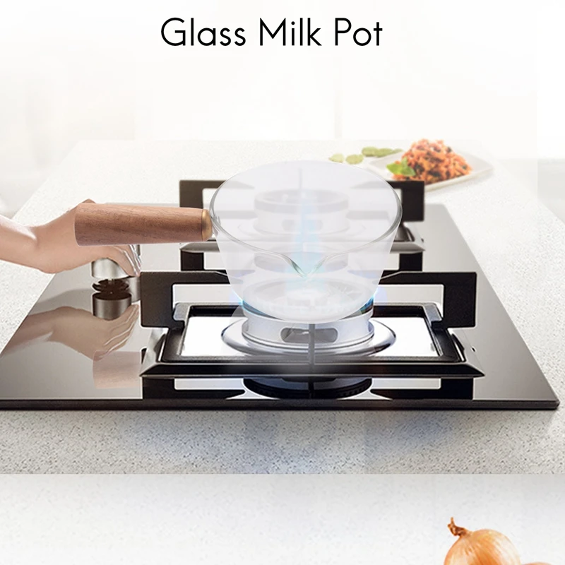 Glass Milk Pot With Wooden Handle 400Ml Cooking Pot For Salad Noodles Gas Stove Cookware
