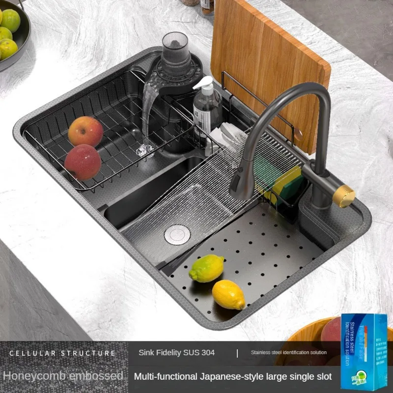 Honeycomb Embossing Large Single Groove 304 Stainless Steel Flying Rain Groove Honeycomb Sink Kitchen Wash Basin Integrated