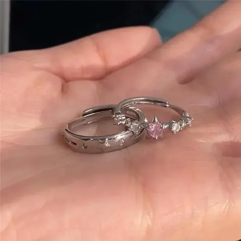 Y2K Style Sparkling Pink Zircon Bride Rings for Women Couples Korean Trendy Heart Star Geometric Wedding Earring Party Jewelry 3