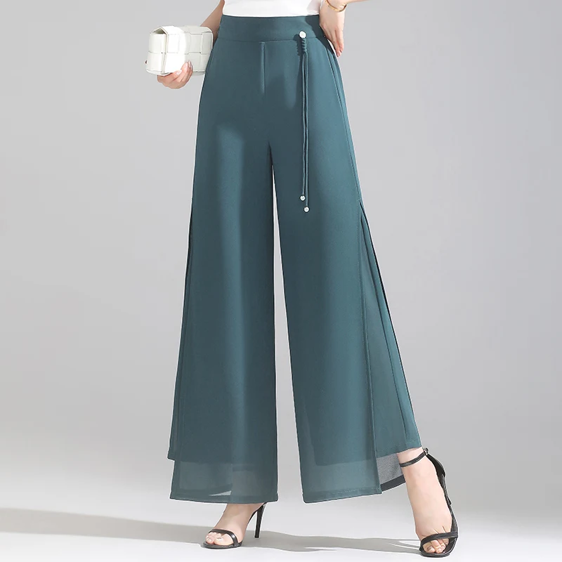 ZUZK Double Layer Chiffon Pants Fashion Slit Chiffon Pants Spring Summer Comfortable Elastic Waist Slim Chic Droop Pants