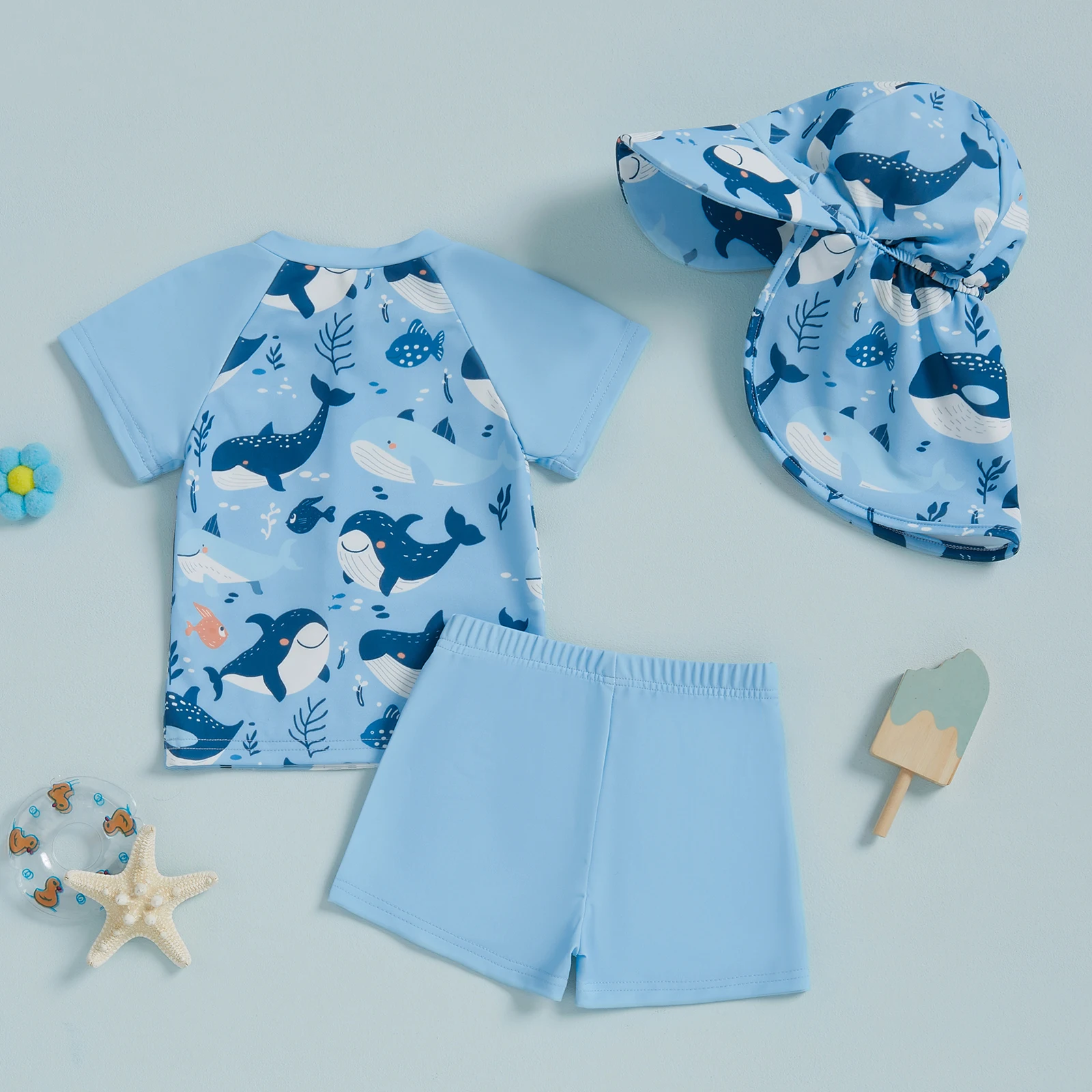 Summer Infant 3Piece Beachwear For Boys Girls Toddler UV Rash Guard with Swim Caps Short Sleeve Shark Print Shorts Swimwear