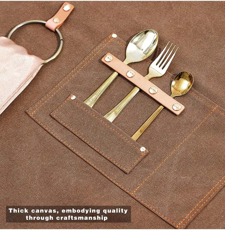 Kaffeefarbene, verdickte Canvas-Schürze mit verlängertem Gurtband, Denim-Stoff für Milchladen, Friseur, Speisesaal, Bäcker – Detail 18