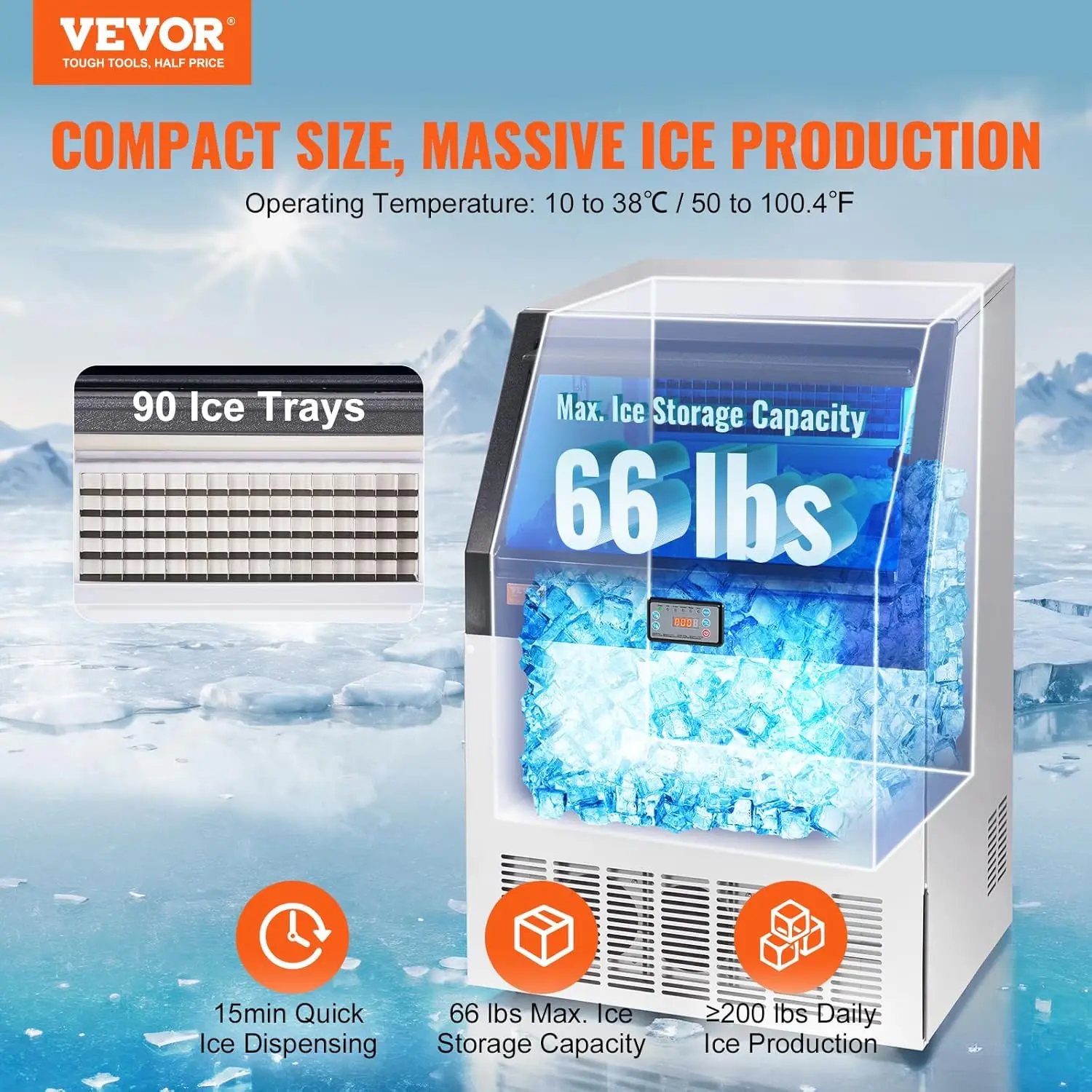 Commercial Ice Maker Machine 200LBS/24H, 710W Stainless Steel Ice Machine with 55LBS Storage Capacity, 90 Ice Cubes Ready 3