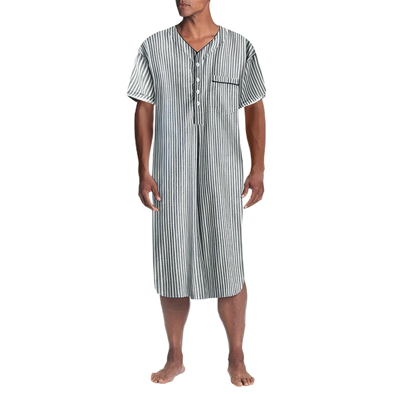 

Men Islamic Arabic Kaftan Striped Short Sleeve Casual Pockets Muslim Robes Cotton Saudi Arabia Dubai Men Jubba Thobe