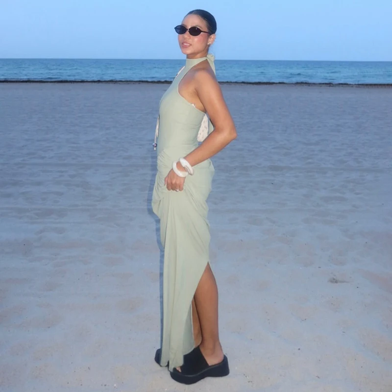 Elegante Abito Lungo Verde con Spalline Sottili, Chic e Minimalista, Senza Maniche, Aderente con Vita Arricciata, Vestito da Strada Casual per Vacanze - immagine 4