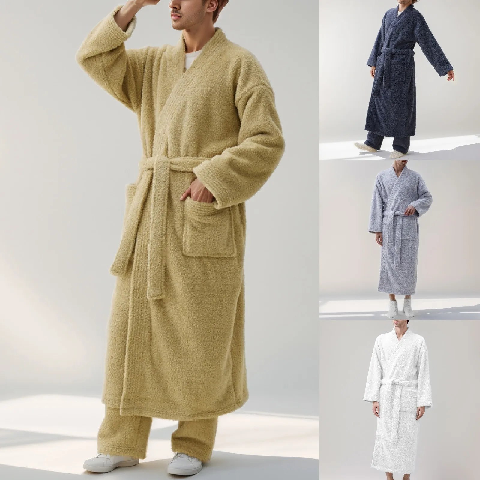 

Mens Autumn And Winter Llong Extra Thick Extra Fleece Warm Velvet Home Wear Robe Pajamas Extra Thick Bathrobe