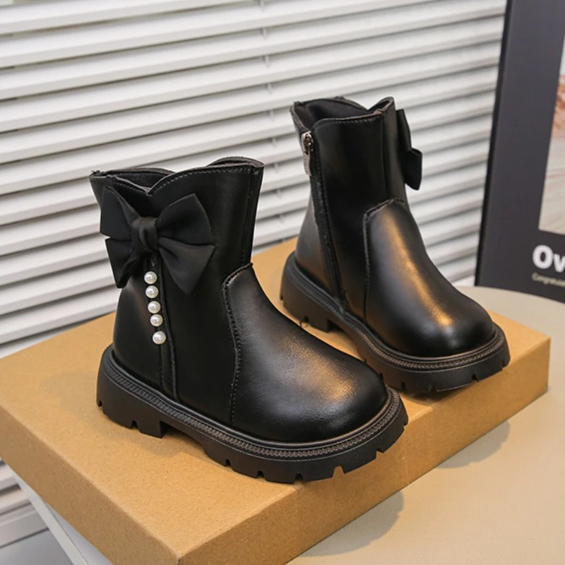 Spring Autumn Children Princess Leather Boots New Fashion Girl's School Causal Short Boots Zipper Kids Ankle Boot with Bowknot