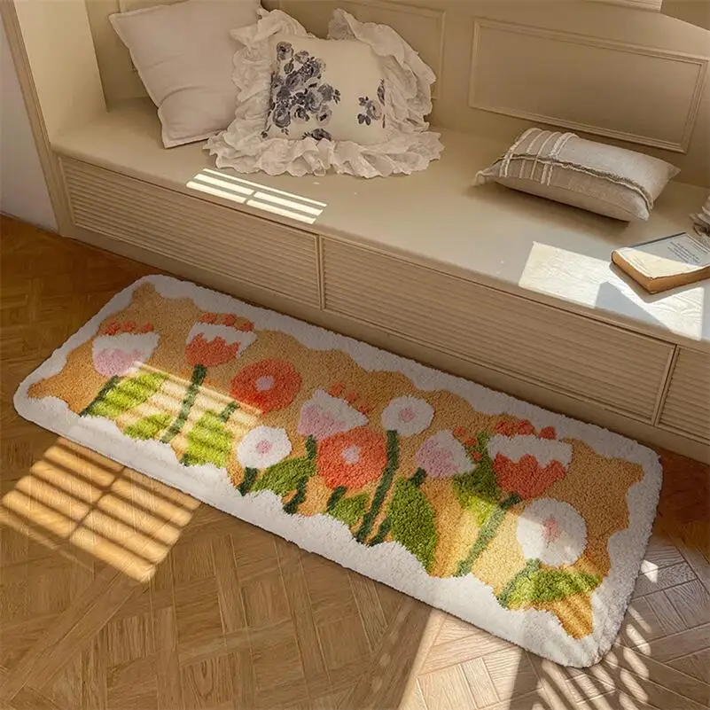 튤립 꽃 긴 카펫 부드러운 모피 침대 옆 러그, 거실 거울 전면 카펫, 미끄럼 방지 침실 장식 매트