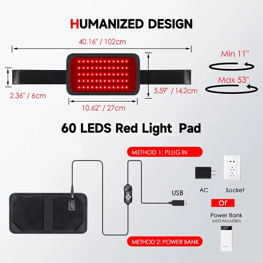 60 LEDs 660nm Red Light Infrared Belt 850nm Back Burn Fat Wrap Slimming Machine Waist Heat Pad For Muscle Soreness Skin Care