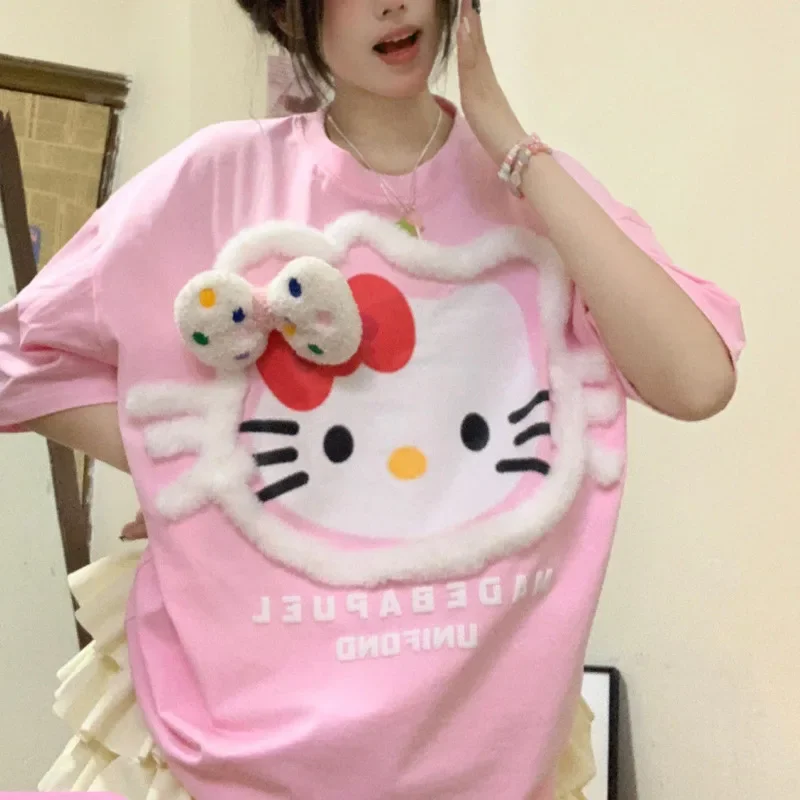 

New Sanrio Hello Kitty T-shirt Pink Short Sleeve Shirt Black Fashion Y2k Top Women Cute Cartoon Aesthetic Tees Clothes Trendy