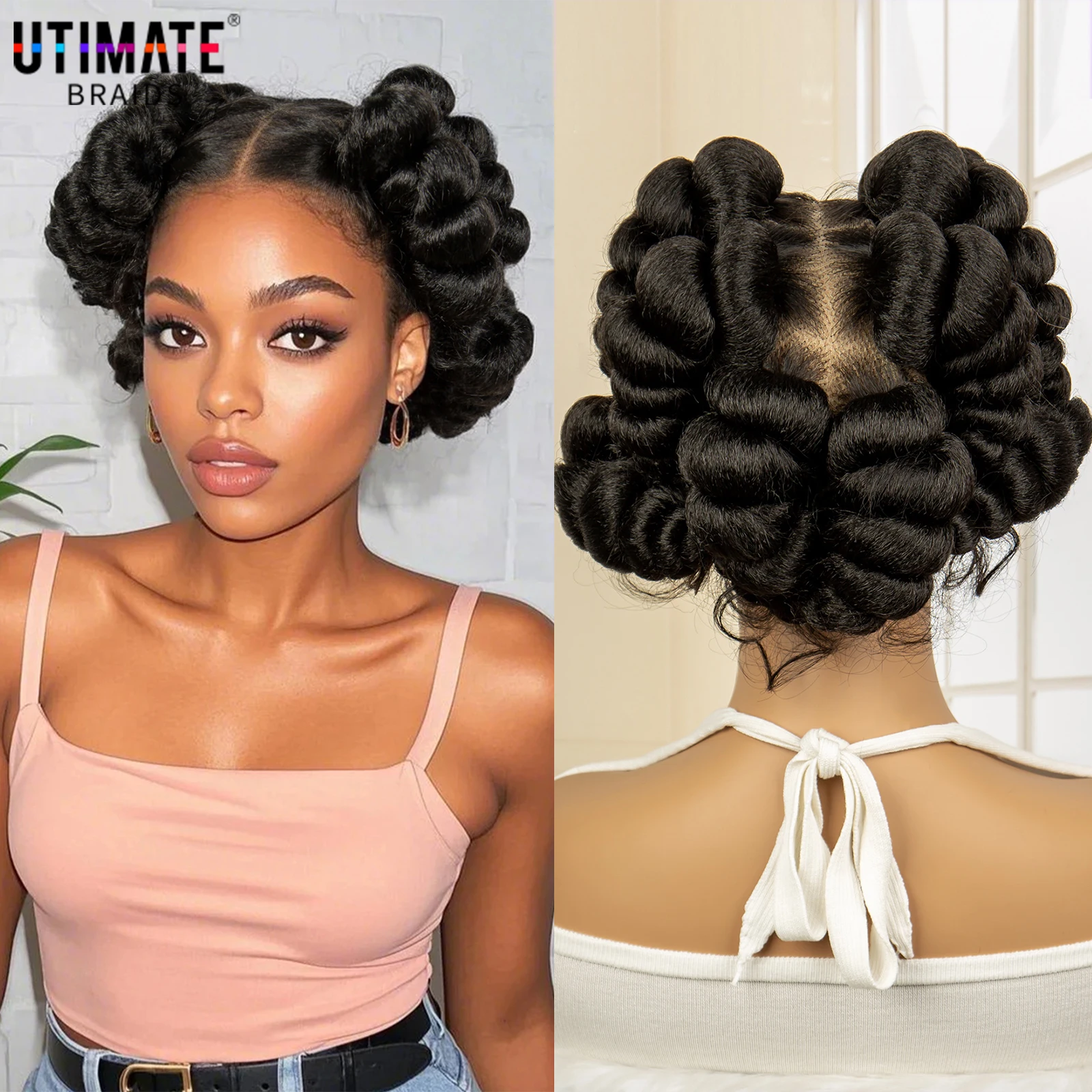 Full Lace Synthetic African Bantu Braided Wigs for Black Women Afro Hair Wig Lace Frontal Knotless Box Braiding Wig with Buns