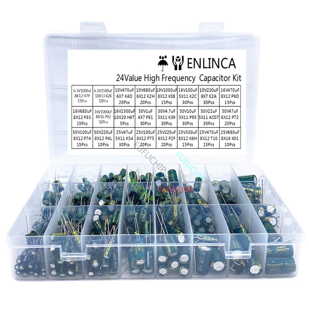 

460Pcs/Box Capacitor Kit 1UF-1500UF 24Values Aluminum Electrolytic Capacitors 6.3V-50V Capacitors Assorted Box Kit Low ESR