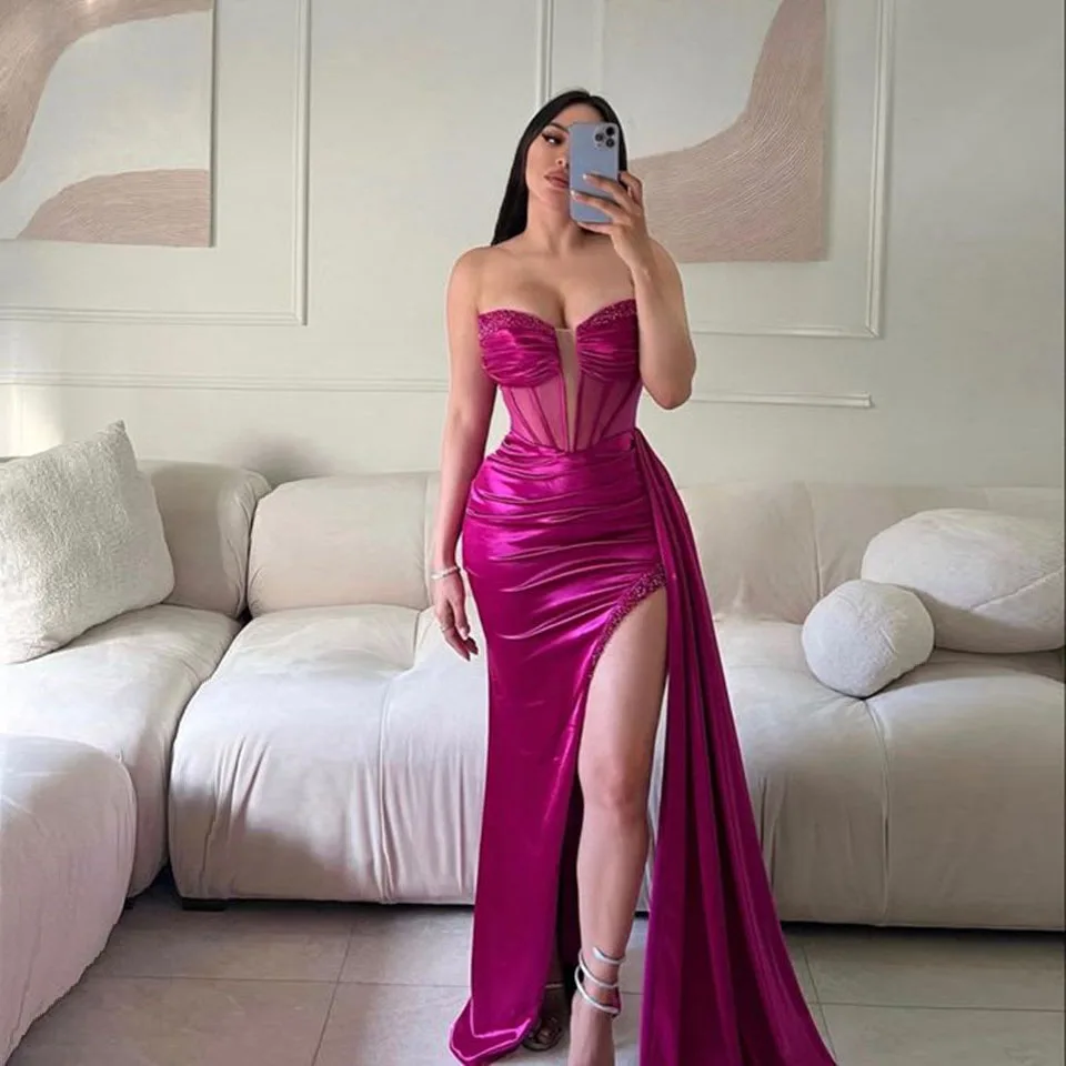 

Charming Fuchsia Evening Dresses Beads Ruffle Women Formal Occasion Satin Prom Gowns Side Split Wedding Party Robe