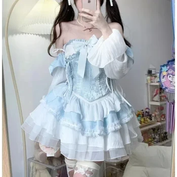 Lolita Cute Girl Sweet Summer 2024 Patchwork Bow Ruffles Bandage Lace Fashion tinta unita Slim Casual abiti a maniche lunghe 1