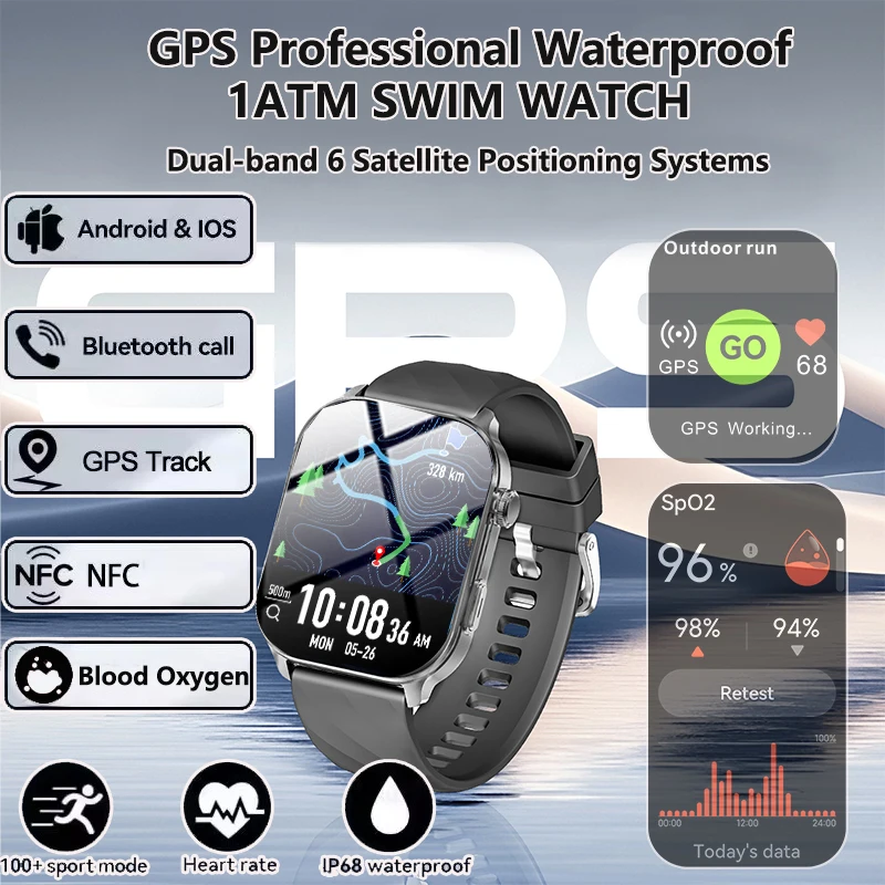 2025 New GPS Smart Watch Heart Rate Blood Oxygen Blood Pressure Monitoring Bluetooth Call NFC 3ATM GPS Tracking Men's Smartwatch
