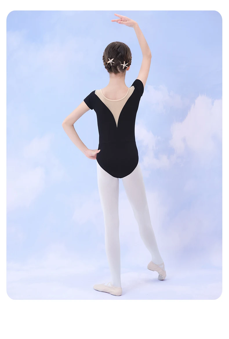 Mädchen Teen Ballett Trikot Mesh Splice Gymnastik Trikots Ballett Tanz Body Schwarz Kurzarm Kinder Ballett Kostüme – Detail 12