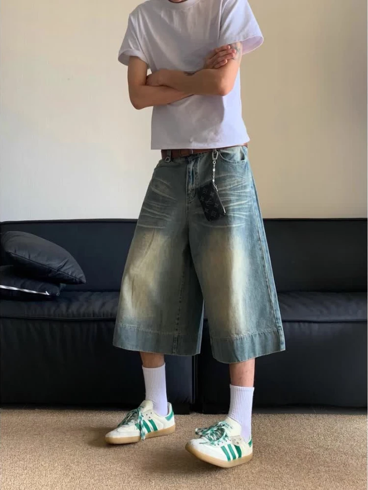 ADAgirl Vintage Wide Leg Denim Shorts Women Harajuku Fashion Oversize Low Waist Do Old Summer Pants Y2k Causal Knee Length Jeans