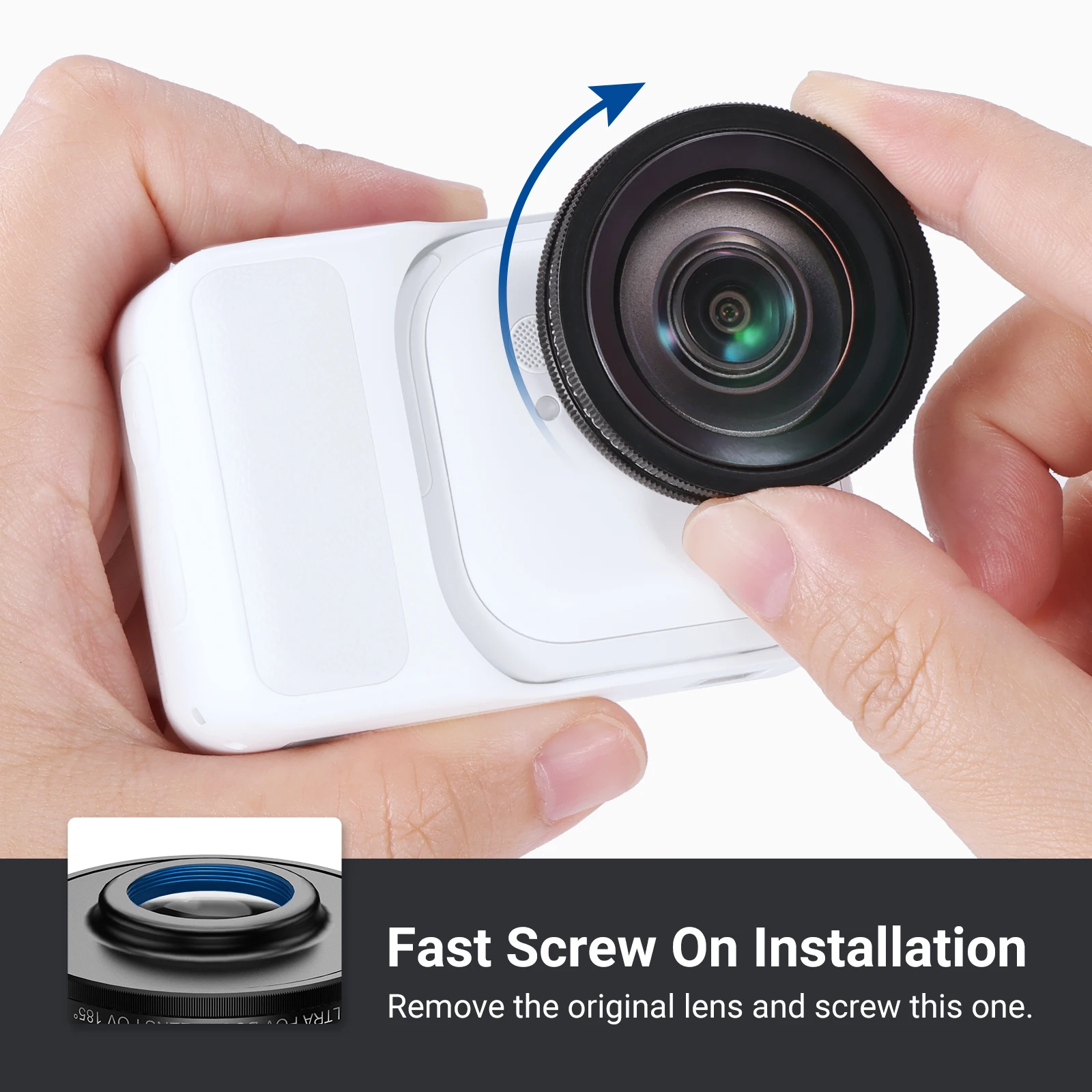 Installation de l'objectif grand angle 185° sur une Insta360 GO Ultra, prêt pour des prises de vue immersives.