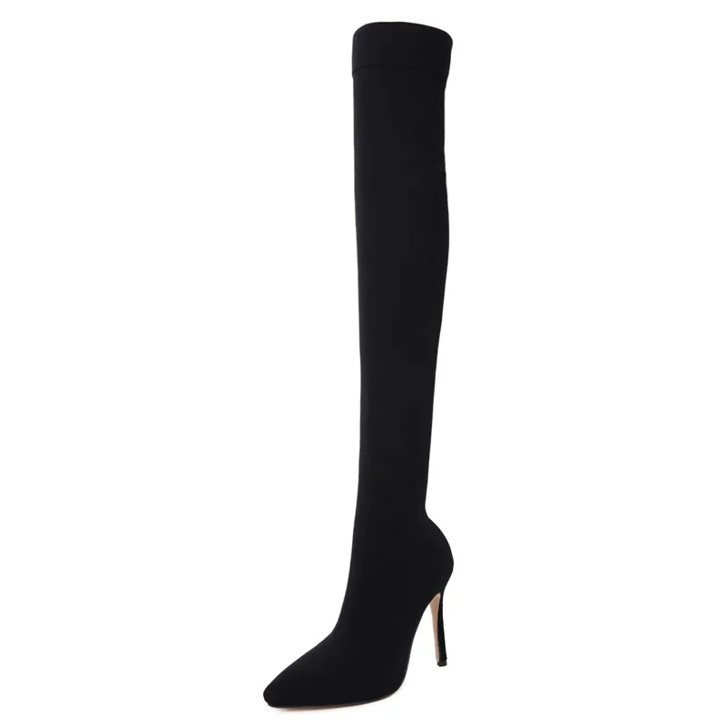 

2022 Fashion Stretch Fabric Sock Boots Pointy Toe Over-the-Knee Heel Thigh High Pointed Toe Woman Boot size 35-40