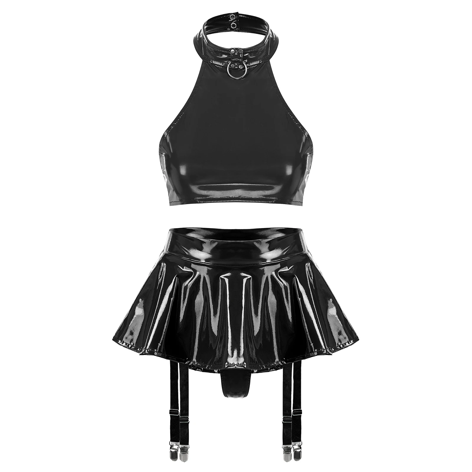thumbnail image 1 of Conjunto de lencería de charol para mujer, traje Rave para discoteca, Top corto con espalda descubierta y cuello Halter con tangas integradas, minifalda con volantes, 1 of 5