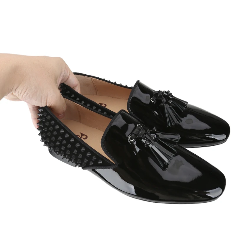 Piergitar Black Patent Leather Patchwork Suede Slip-On Tassels