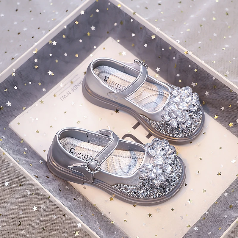 Leather Kids Party Shoes with Rhinestones for Girls