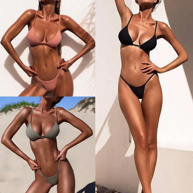 

Women Sexy Swimsuit Solid Bikini Bra Thong Bottom Beach G-String Swimwear Lady