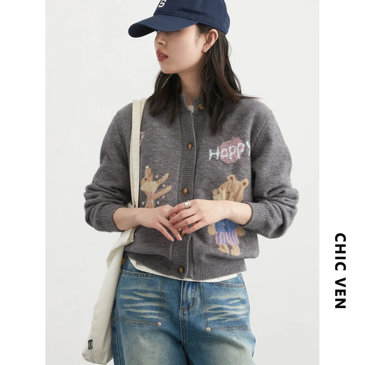 CHIC VEN 여성용 레트로 가디건, 라운드넥 자카드 베어 스웨터, 니트 여성 가디건, 여성용 탑 용수철, 가을 2024