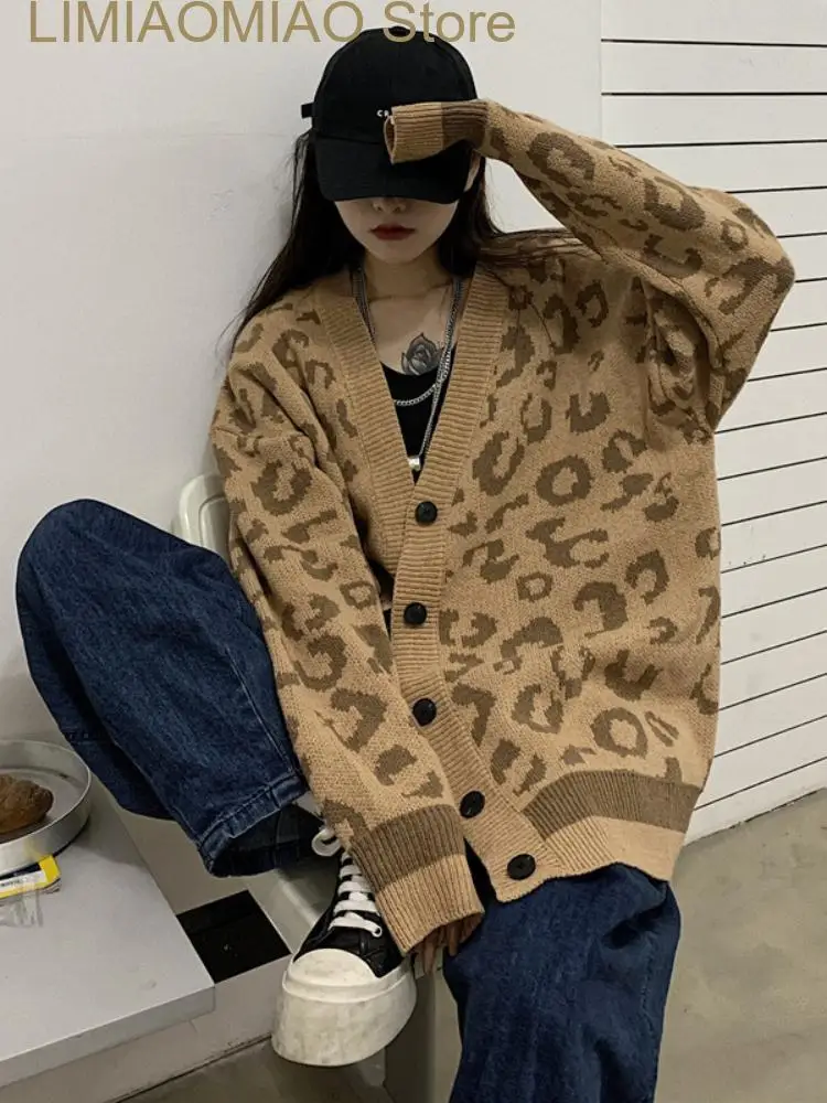

New Fashion Tops Women V-neck Single Breasted Leopard Long Sleeve Sweater Knitted Cardigan Women Coat Oversized Cardigan