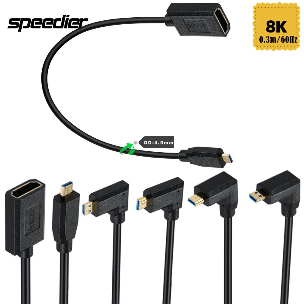 Od4.0Mm Extreme Slim/Thin Hd Cable Micro Hd Male To Hd Female Cable For 8K@60Hz 1080P, 4K@120Hz, 3D,Camera Tablet Mp4 Hdtv Phone