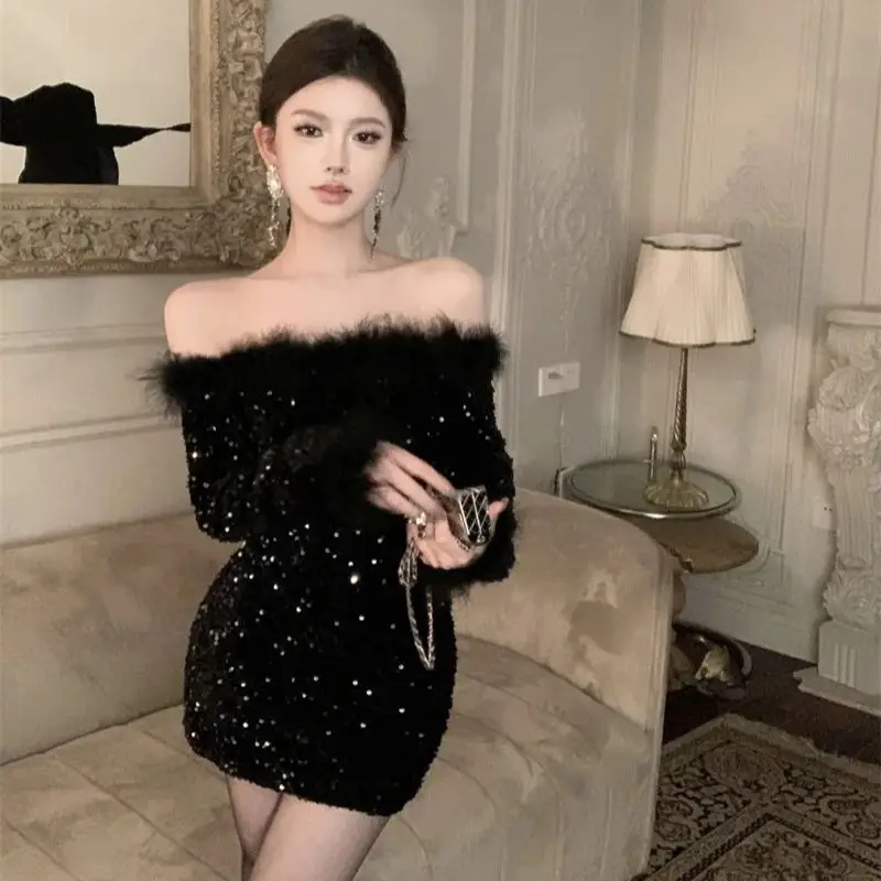 

Hsa Sequined furry Slash neck long-sleeved dress for women spring ladylike style slim hip-hugging short skirt