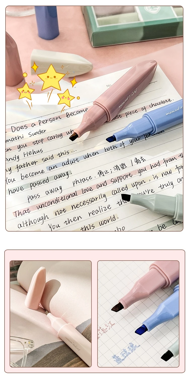 4pcs Monet Colors Highlighter Marker Pens Lipstick Design Soft Brush Tip for Drawing Painting Office Liner School A7314