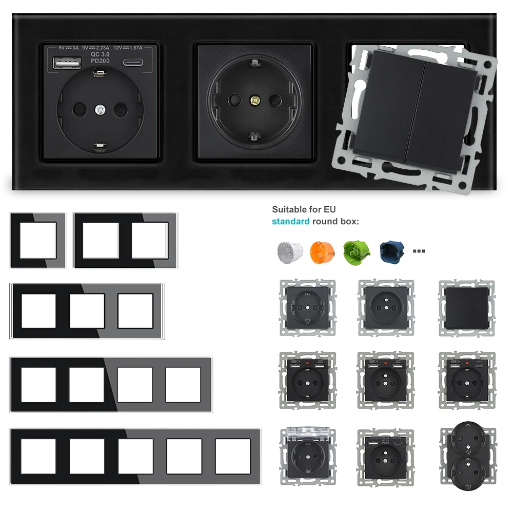 SRAN F6 Series หลายกรอบแผงกระจกนิรภัยสีดํา, eu FR UN ซ็อกเก็ตและสวิทช์ Dimmer พัดลมเท้าโคมไฟ Rj45 rj11 โมดูล DIY 1