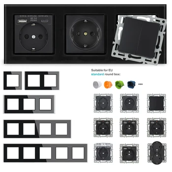 SRAN F6 Series หลายกรอบแผงกระจกนิรภัยสีดํา, eu FR UN ซ็อกเก็ตและสวิทช์ Dimmer พัดลมเท้าโคมไฟ Rj45 rj11 โมดูล DIY 1