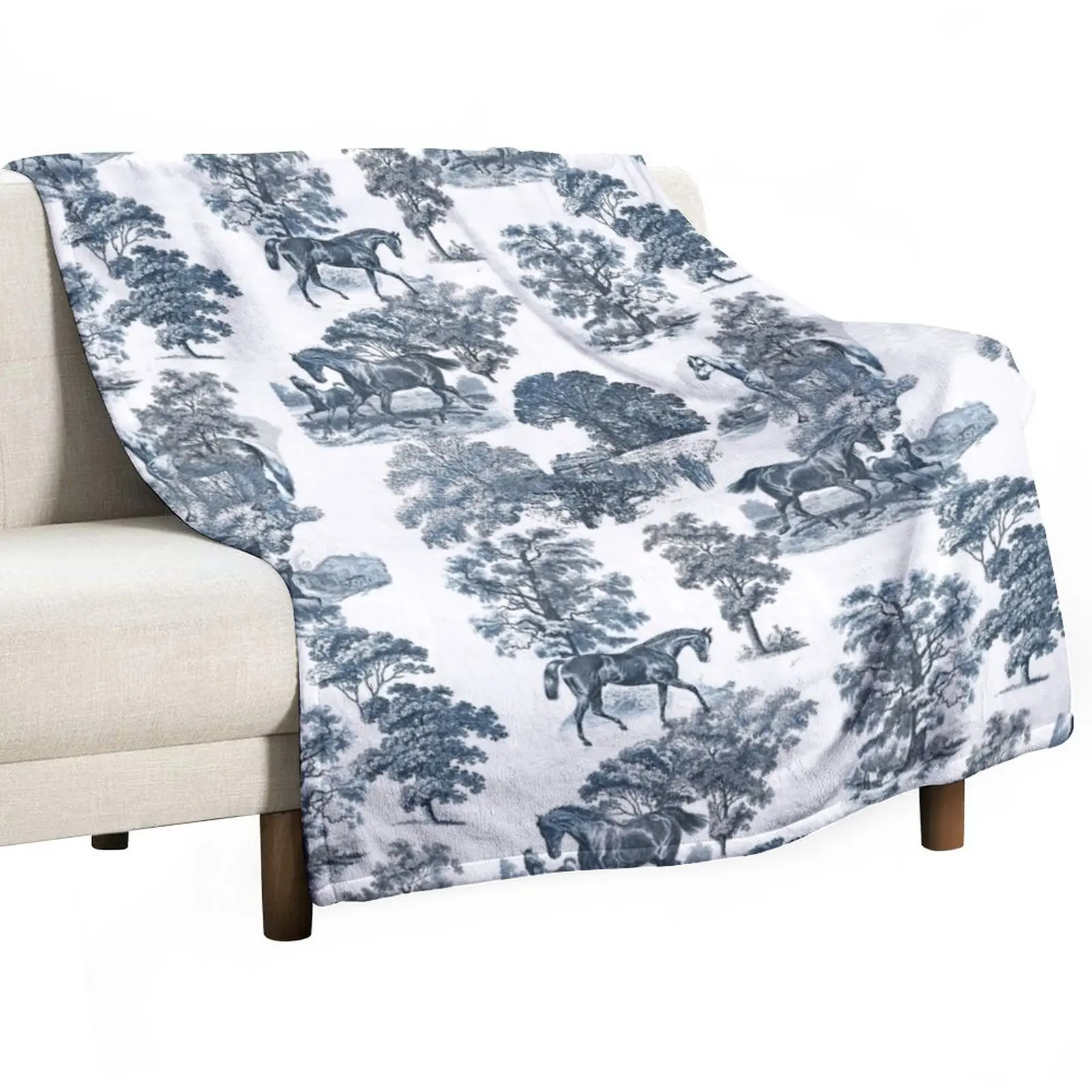 

New Classic Elegant Blue French Toile Horse Rustic Country Pattern Throw Blanket Travel Blanket Moving Blanket