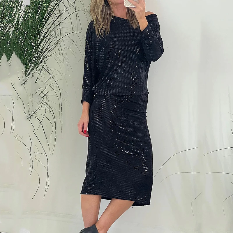 

Sexy Off Shoulder Solid Glitter Party Dress Women Fashion Slash Neck Sequins Club Dresses Elegant Lady Long Sleeve Long Dress