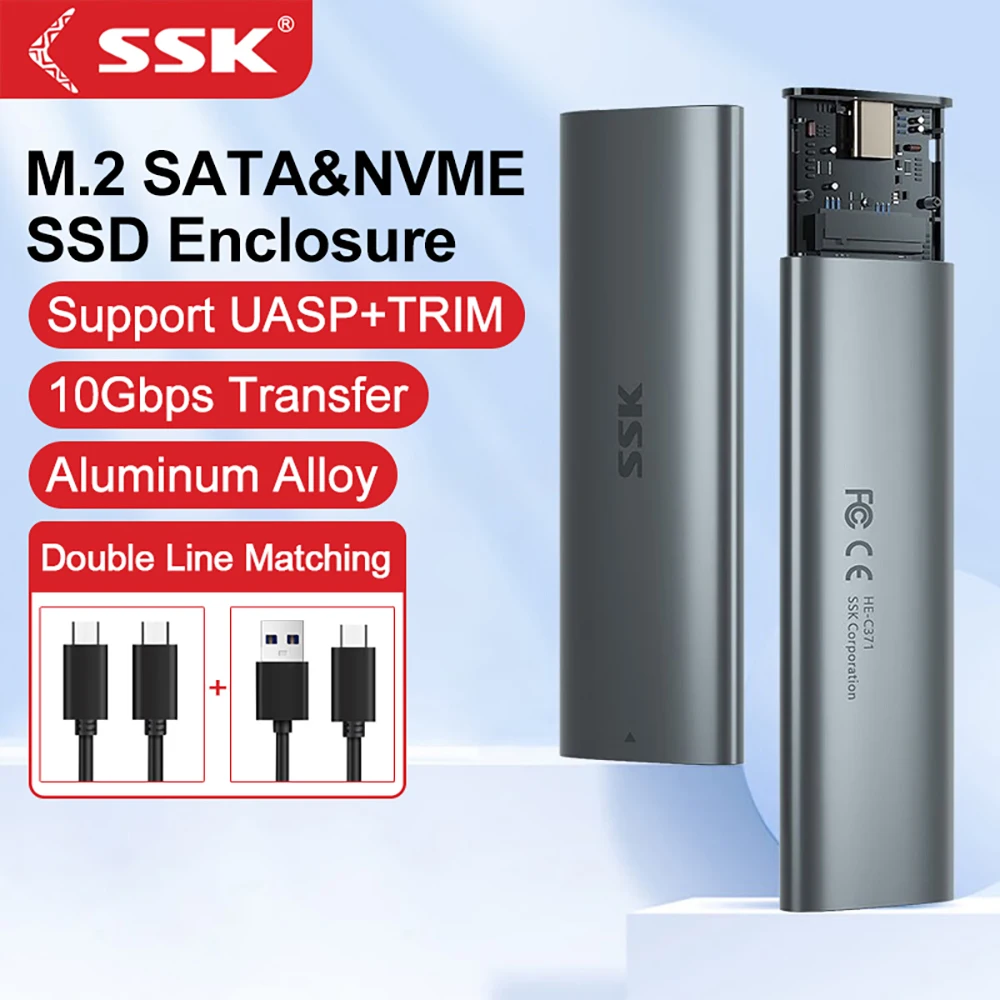 SSK M.2 Nvme Case 10Gbps M.2 NVMe SATA External Hard Drive Aluminum SSD Adapter Tool-Free Type-C SSD Case for 2242 2260